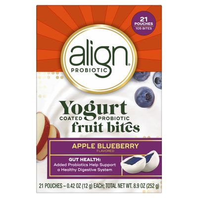 Align Probiotic, Yogurt Coated Probiotic Fruit Bites, Helps Support Digestive Health, From the Maker of the #1 Doctor Recommended Probiotic Brand, Apple Blueberry Flavor, 21 Pouches