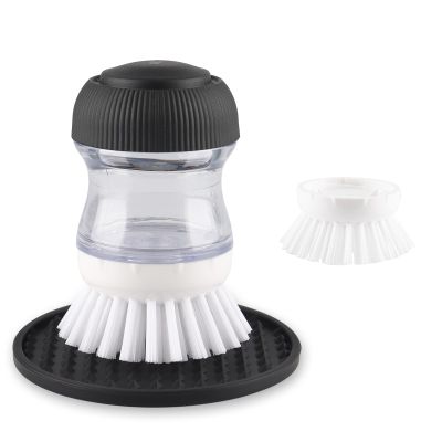 OYV Soap Dispensing Palm Brush, Dish Brush Set with Silicone Drip Tray and One Refill, Kitchen Dish Scrub Brush for Cleaning Pots, Pans, Sinks