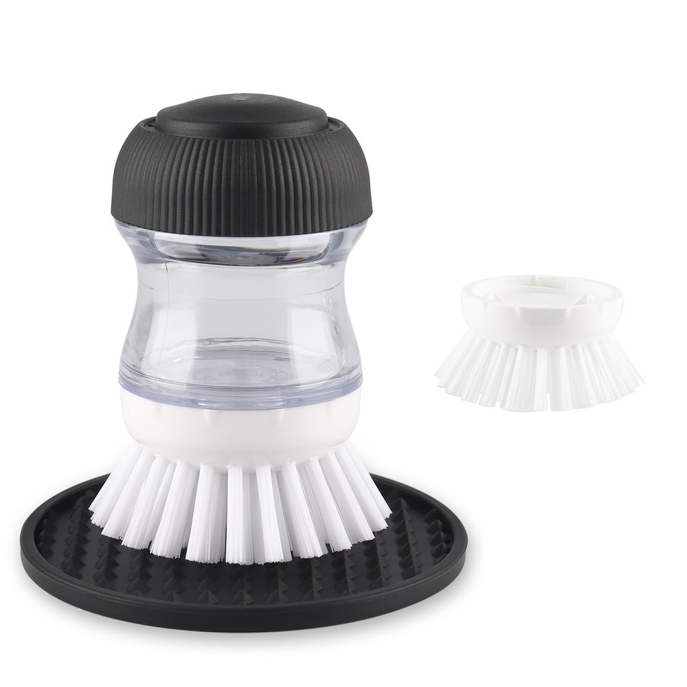 OYV Soap Dispensing Palm Brush, Dish Brush Set with Silicone Drip Tray and One Refill, Kitchen Dish Scrub Brush for Cleaning Pots, Pans, Sinks