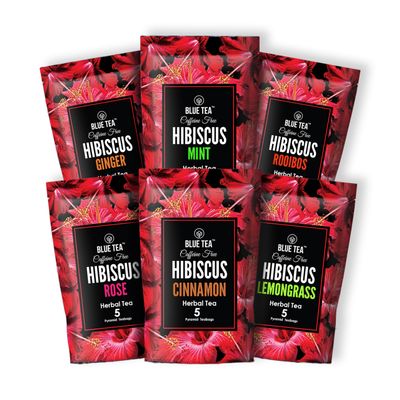 BLUE TEA - Hibiscus Assorted Tea Gift Set | 30 Count - Pyramid Plant Based Tea Bag - 6 Floral Blends | VARIETY PACK | Caffeine-Free - Flower Based - Non-Bitter - Vegan | Gifts for Him and Her