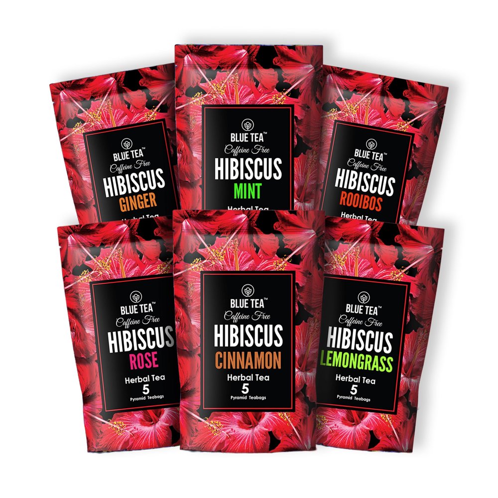 BLUE TEA - Hibiscus Assorted Tea Gift Set | 30 Count - Pyramid Plant Based Tea Bag - 6 Floral Blends | VARIETY PACK | Caffeine-Free - Flower Based - Non-Bitter - Vegan | Gifts for Him and Her