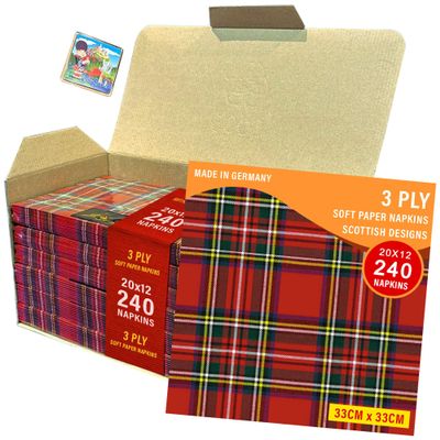 240 x Large Pack 3ply Paper Soft Napkins 33x33cm, Royal Stewart Tartan Tissue Paper, Scottish Design. Catering Box for Christmas, Dinner, Party, Party Night, Burns Supper,Scottish Wedding