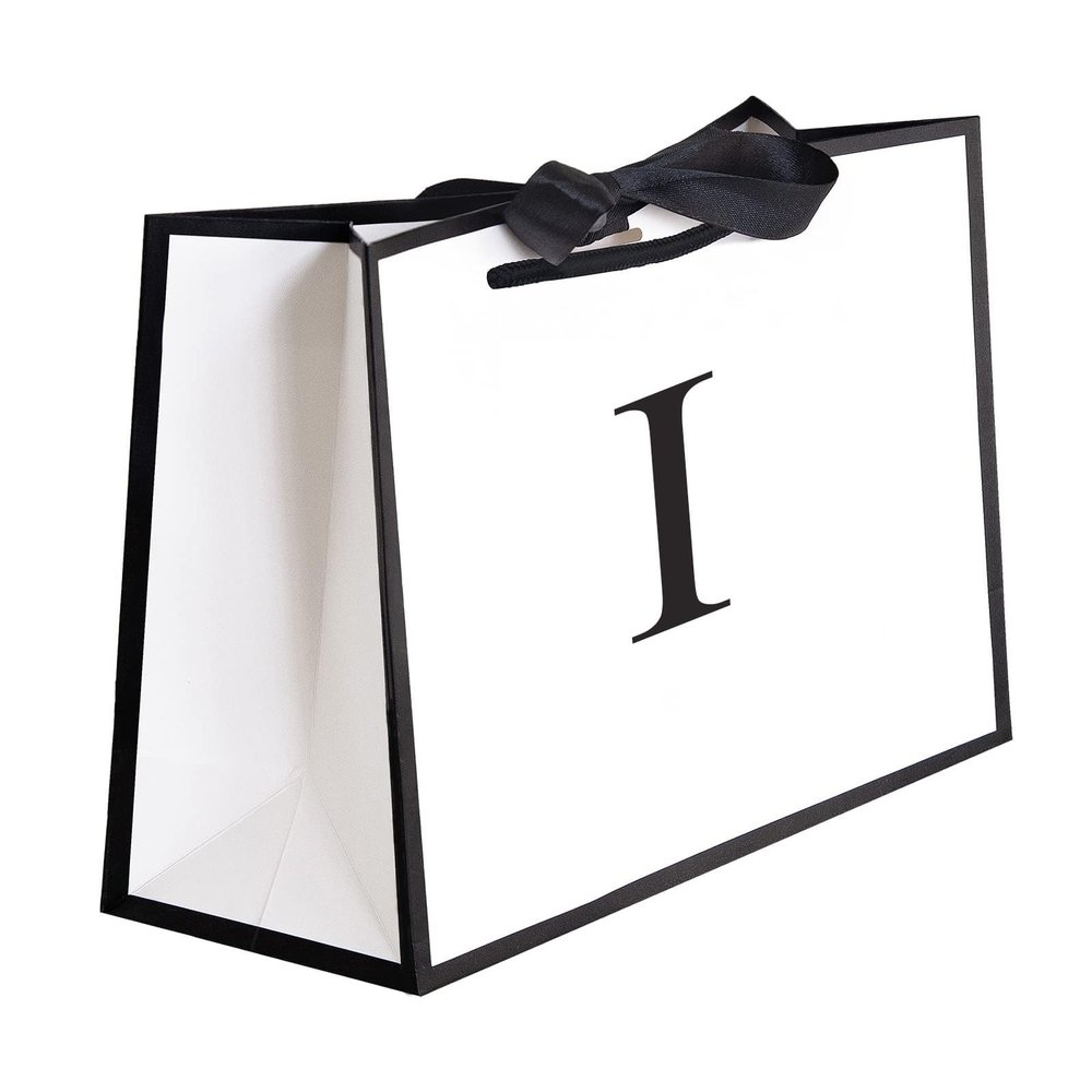 QLSKO Initial Gift Bag with Bow Ribbon Personalized Horizontal Paper Bag Monogrammed Birthday Gifts for Women Men (I-Small)