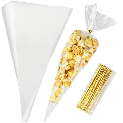 100 Pcs Cone Shaped Treat Bags - 11.8x6.3 Inches, Triangle with Ties, Clear Plastic for Popcorn, Cookies, Candy