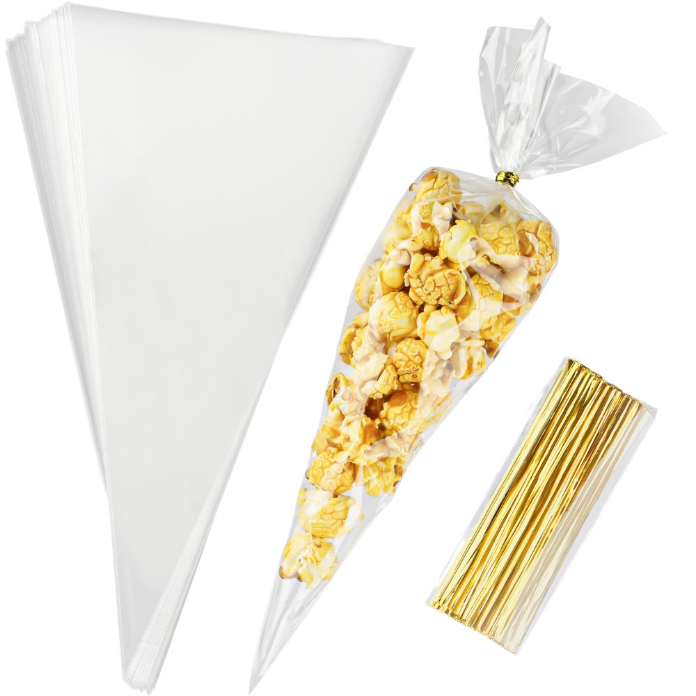 100 Pcs Cone Shaped Treat Bags - 11.8x6.3 Inches, Triangle with Ties, Clear Plastic for Popcorn, Cookies, Candy