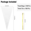 100 Pcs Cone Shaped Treat Bags - 11.8x6.3 Inches, Triangle with Ties, Clear Plastic for Popcorn, Cookies, Candy view 2