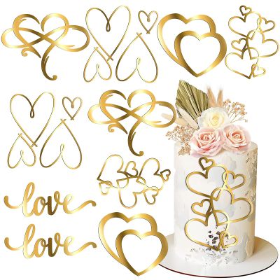 10Pcs Gold Heart Cake Toppers Valentine's Day Wedding Acrylic Heart Shaped Love Cupcake Dessert Toppers Cake Decorations for Birthday Anniversary Engagement Bridal Shower Party Cake Dcor
