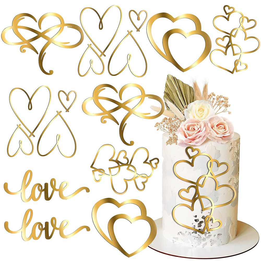 10Pcs Gold Heart Cake Toppers Valentine's Day Wedding Acrylic Heart Shaped Love Cupcake Dessert Toppers Cake Decorations for Birthday Anniversary Engagement Bridal Shower Party Cake Dcor