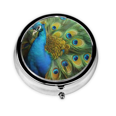 Peacocks Feather Print Pill Box Round Metal Pill Case 3 Compartment Cute Portable Travel Pillbox Mini Medicine Storage Box for Pocket Purse