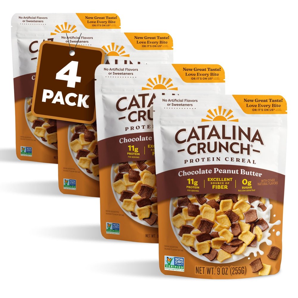 Catalina Crunch Protein Cereal | Sugar Free Breakfast Cereal with 11g of Protein | Gluten Free, Keto Friendly | Chocolate Peanut Butter - 9 oz. Bag (Pack of 4) - Packaging May Vary