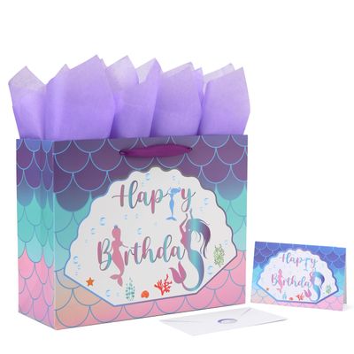 13" Large Purple Gift Bag Set with Greeting Card and Lavender Tissue Papers (Mermaid Design) for Girls' Birthday Party, Women's Birthday Parties, Baby Shower, Baby Girl - 13x5.2x10.2, 1 Pcs.