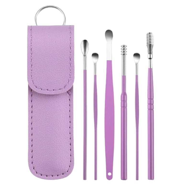 Ear Cleaner,Spring Ear Wax Cleaner Tool Set,Portable Ear Wax Cleaning Kit, Stainless Steel Spade Ear Cleaning, 6PCS Innovative Spring Earwax Cleaner Tool Set with Storage Bag (Purple)