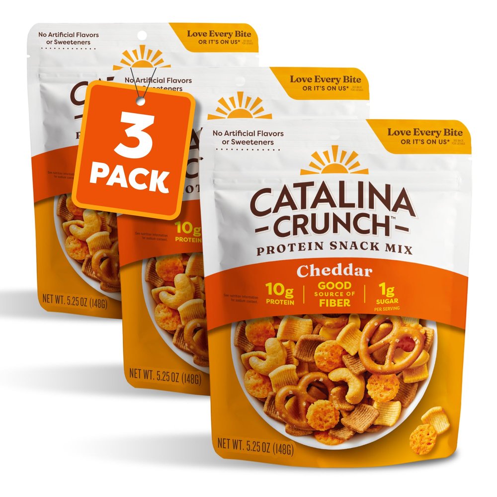 Catalina Crunch Protein Snack Mix with Cheese Crisps | 10g Protein, 1g Sugar per Serving | Good Source of Fiber, Keto, Gluten Free | Cheddar, 5.25 Ounce Bag (Pack of 3) - Packaging May Vary