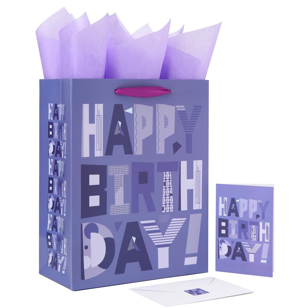 13" Large Purple Gift Bag Set with Greeting Card and Lavender Tissue Papers (Cartoon Happy Birthday) for Women's Birthday Party, Girls' Party, Baby Shower, or Baby Girl - 10.2x5.2x13, 1 Pcs.