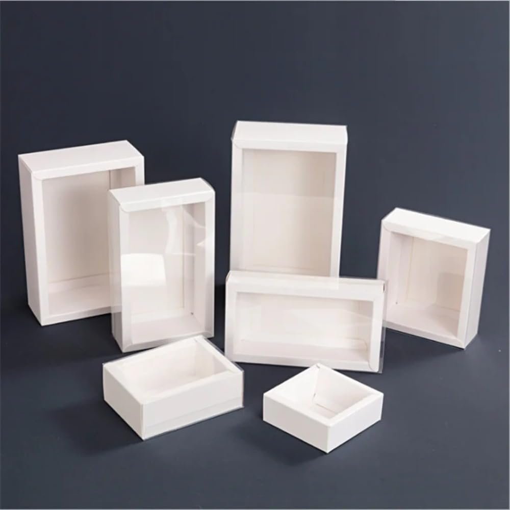 10Packs Rectangle Kraft Paper Box with PVC Window For Wedding ,Birthday Party,Jewelry, Candy Cookies Clear Boxes Decorative Gift Packaging (white box +clear pvc,Inner Size: 6.5*6.5*3cm Outer