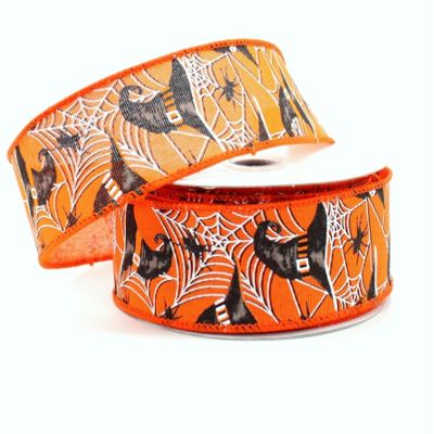 10 Yards Spider Web Witch Hat Orange Halloween Wired Ribbon, Spider Web Witch Hat Orange Ribbon for Wreaths, Spider Web Ribbon, Halloween Wired Ribbon, 1.5" Width Ribbon