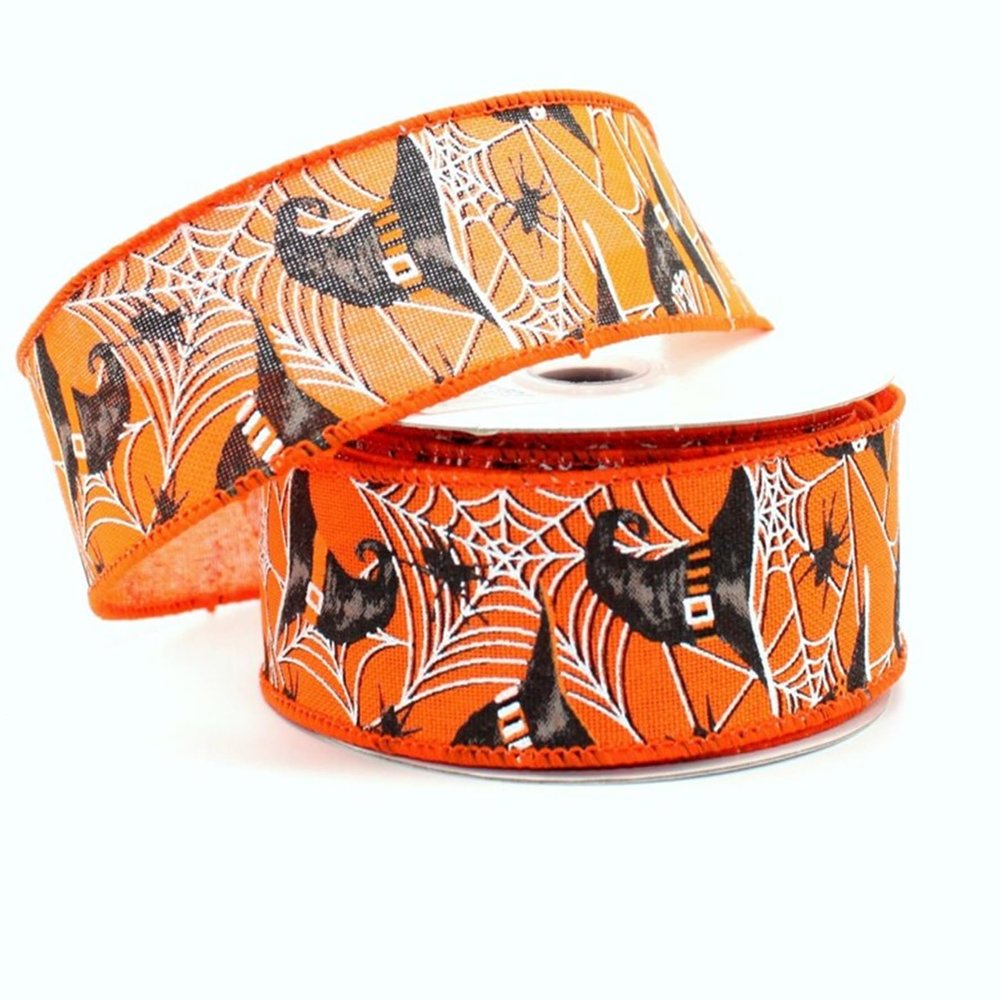 10 Yards Spider Web Witch Hat Orange Halloween Wired Ribbon, Spider Web Witch Hat Orange Ribbon for Wreaths, Spider Web Ribbon, Halloween Wired Ribbon, 1.5" Width Ribbon