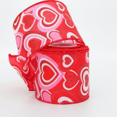 10 Yards Pink Red Sparkle Hearts Wire Edge Ribbon, Valentine's Day Ribbon, 2.5 inch Ribbon for Wreaths, Valentines Day Ribbon
