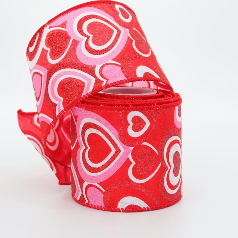 10 Yards Pink Red Sparkle Hearts Wire Edge Ribbon, Valentine's Day Ribbon, 2.5 inch Ribbon for Wreaths, Valentines Day Ribbon