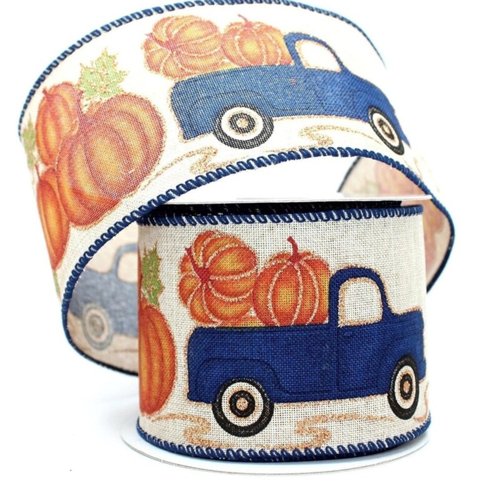 10 Yards Blue Truck Pumpkin Patch Fall Wired Ribbon, Pumpkin Wired Ribbon, Blue Truck Ribbon for Wreaths, Fall Ribbon, 2.5 Wired Ribbon