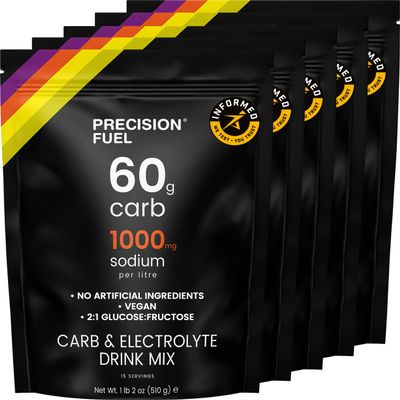 Precision Fuel PF60 Carb & Electrolyte Drink Mix Powder for Hydration & Energy - Endurance Sports Nutrition, Vegan, Hypotonic - 60g Carb, 1000mg Sodium per Litre - Mild Citrus Flavor, 5-Pack