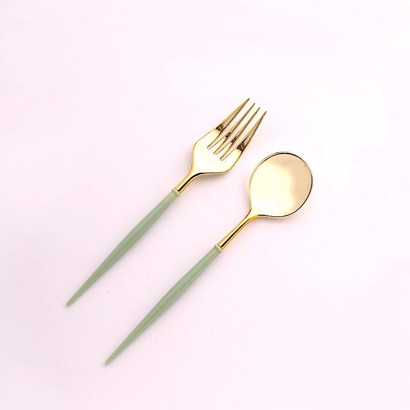 24 Metallic Gold Sage Green Disposable 6 in Premium Plastic Cutlery Spoons Forks Set Wedding Party Events Reception Home Decorations Supplies