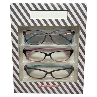 Calabria Lulu Cat Eye Reading Glasses +1.50 Black, Blue Pink Crystal,Tortoise 3 Pack Gift Box Womens Readers Trendy Eyeglass