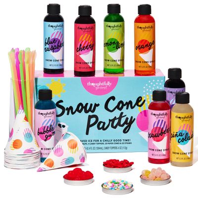 Thoughtfully Gourmet, Snow Cone Party Gift Set, Includes Ingredients for 20 Snow Cones, 8 Flavored Syrups, Toppings, and Paper Cups, Set of 20