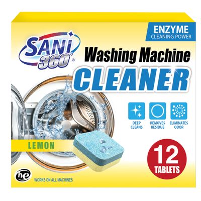 SANI 360 Washing Machine Cleaning tablets, 12 pack is Formulated with Enzyme, Deep Cleans and Deodorizes Front and Top Loading Washers use up to 1 year supply Lemon Scent