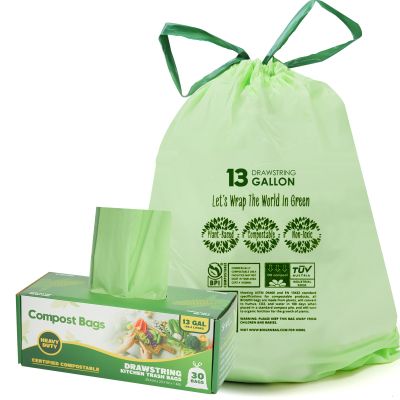 10-13 Gallon Compostable Trash Bags with Drawstring, Heavy Duty Extra Thick 1 Mil, 49.21 Liter, Tear Resistant & Odorless Kitchen Food Scrap Waste Bag, US BPI and OK Compost Home Certified (30 Count)