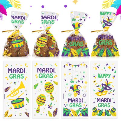 100 Pieces Mardi Gras Cellophane Gift Bags Mardi Gras Candy Bags Carnival Parade Words Masks Cellophane Treat Bags Plastic OPP Bags with 100 Twist Ties for Cookies Candy Mardi Gras Party Decoration