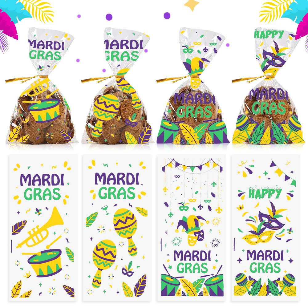 100 Pieces Mardi Gras Cellophane Gift Bags Mardi Gras Candy Bags Carnival Parade Words Masks Cellophane Treat Bags Plastic OPP Bags with 100 Twist Ties for Cookies Candy Mardi Gras Party Decoration