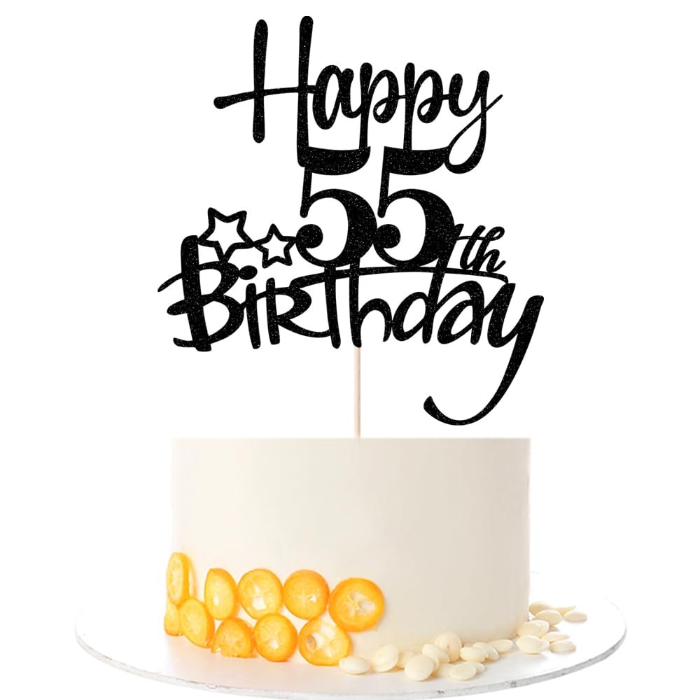 Kaoenla Happy 55th Birthday Cake Topper - Hello 55th/Cheers 55th Birthday,55 Wedding Anniversary, 55th Anniversary Party, 55 Years Love & Blessings Pledge Renewal Party Decora(55th, black)