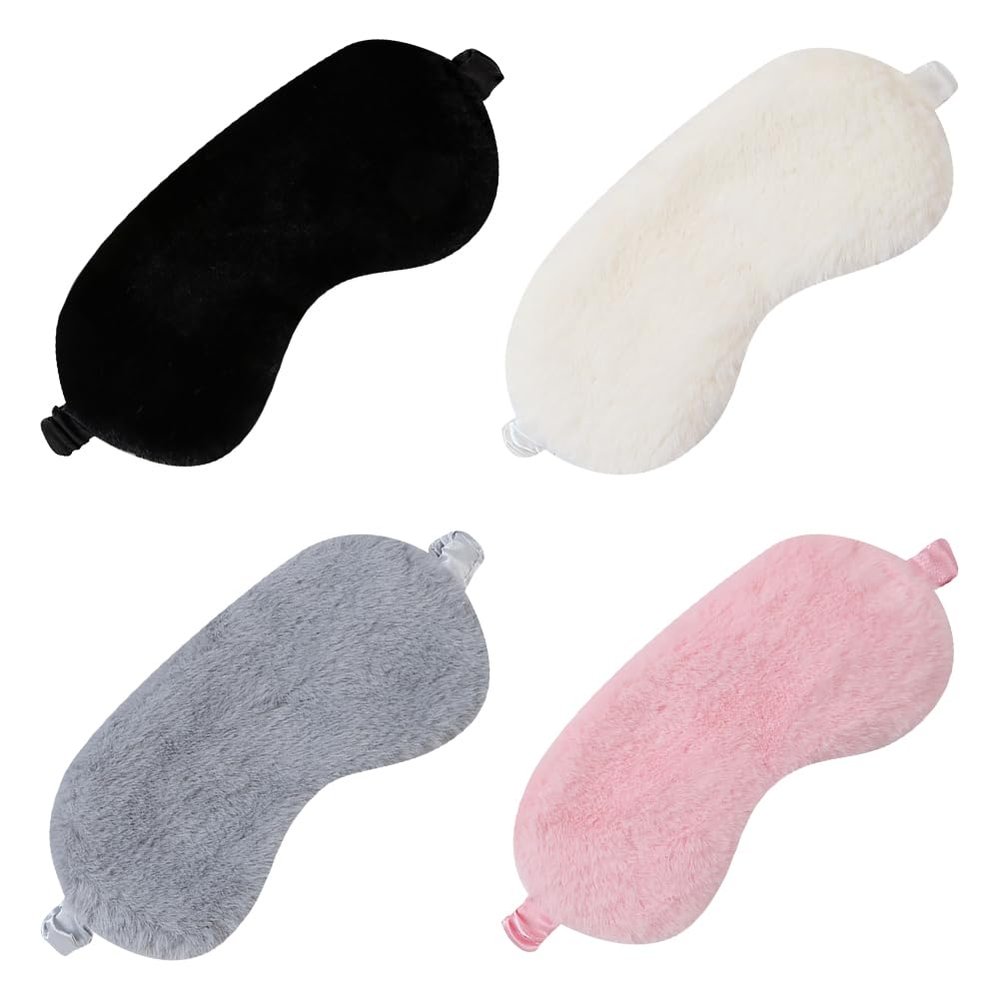 4 Pcs Plush Sleeping Eye Cover Furry Sleep Eye Masks Soft Comfortable Blindfold Fluffy Eye Shades for Women Girls Pink Beige Grey Black