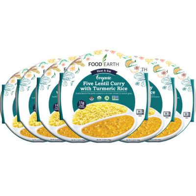 Food Earth Ready to Eat Indian Meal Five Lentil Curry with Turmeric Rice Organic, Vegan, Gluten-Free, GMO-Free, Plant-Based Microwavable 10.58 oz Each Pack of 6