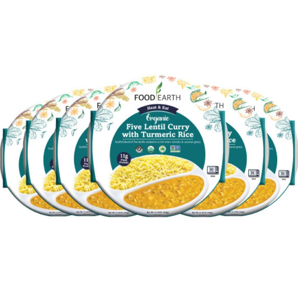 Food Earth Ready to Eat Indian Meal  Five Lentil Curry with Turmeric Rice  Organic, Vegan, Gluten-Free, GMO-Free, Plant-Based  Microwavable  10.58 oz Each  Pack of 6