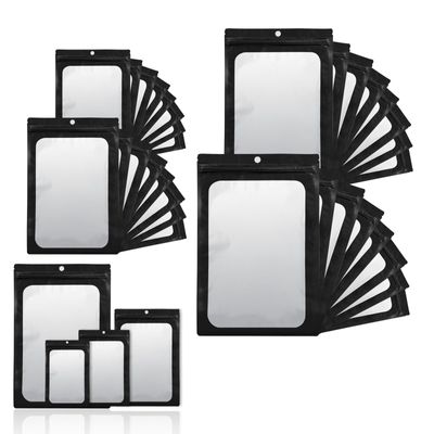 400 Pack 4 Size Bags with Clear Window,Scratch Resistant Hand Holographic Packaging Pouch,Resealable Bag for Small Bussiness Cookies Jewelry Candy Sample (Black, 2.43.9,3x4.7,47,5.57.9 inch)