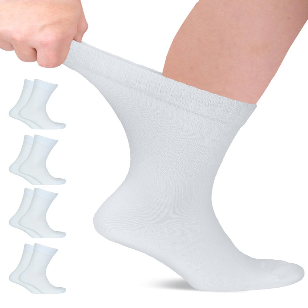 Hugh Ugoli Mens Cotton Diabetic Crew Socks, Non-Binding, Wide, Seamless Comfortable, Edema Neuropathy Sock, White, Medium, Shoe Size: US 5-8 for Men, 4 Pairs