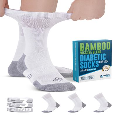 Doctor's Select Bamboo Viscose White Diabetic Socks for Men - 3 Pairs Crew Stretch Top Mens Diabetic Socks for Men 9-12 | Moisture Wicking | Neuropathy