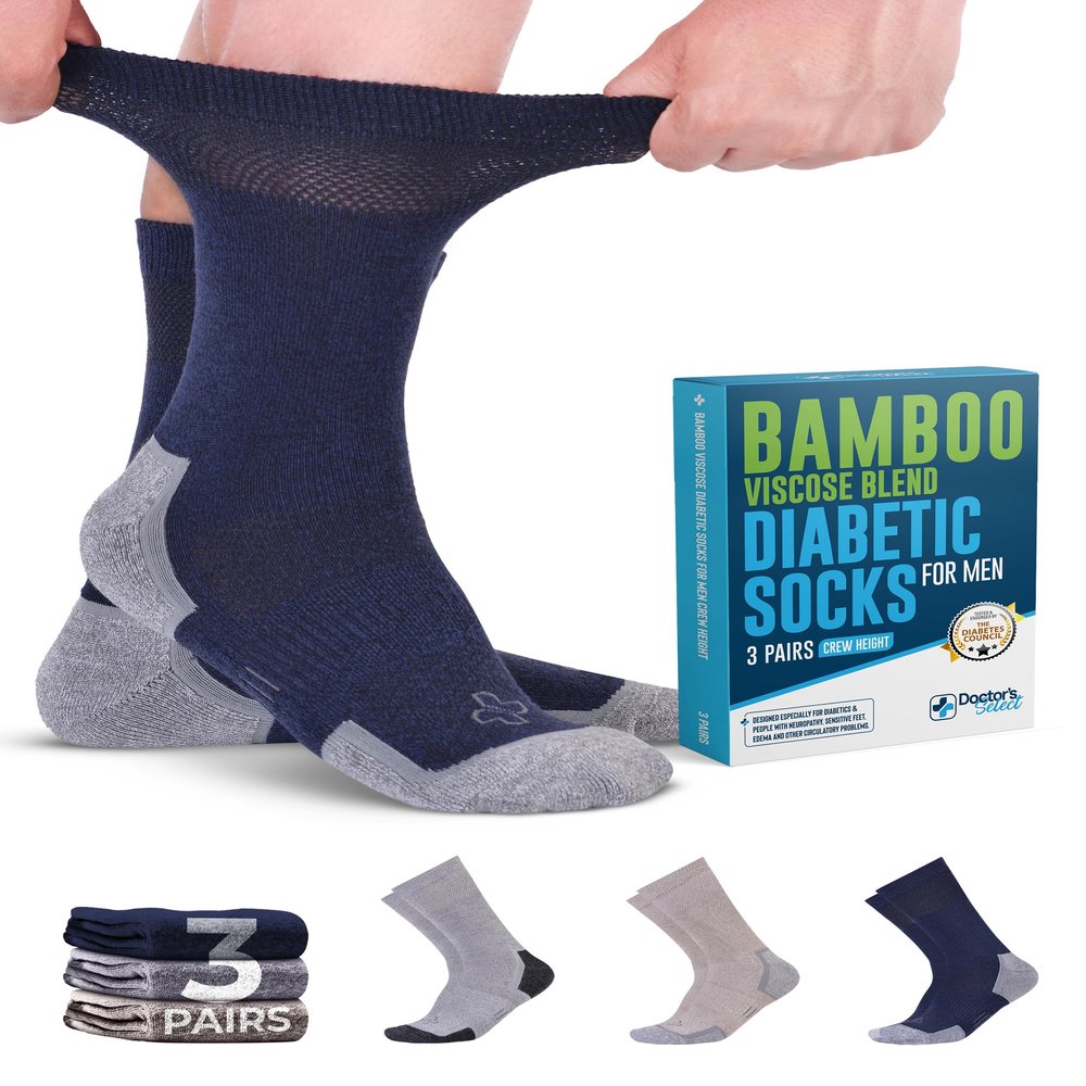 Doctor's Select Bamboo Viscose Diabetic Socks for Men - 3 Pairs Crew Mens Diabetic Socks for Men 9-12 | Moisture Wicking | Navy, Tan, Grey