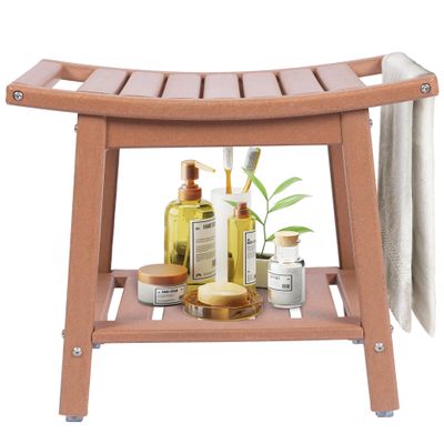 BRIOPAWS Shower-Bench-Seat-Waterproof, Teak-Color | HDPE Shower Stool-for-Inside-Shower | Bathroom-Benches w/Storage Shelf & Handles | Shaving Legs | Indoor Outdoor Use | 21.8 x 14 x 18.1 Inch