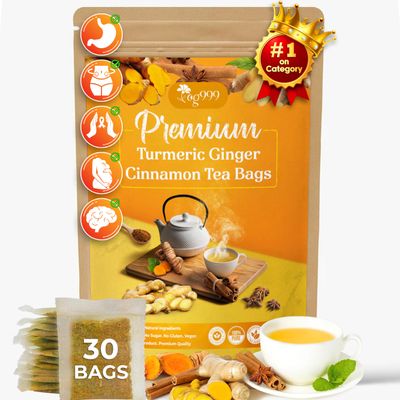TOG999, 30 Bags Premium Turmeric Ginger Cinnamon Tea, Improve Digestion, Support Brain, Weight, Skin and Sleep, Eco-Conscious Tea Bags and Premium Natural Ingredients. Turmeric Ginger Herbal Tea. No Sugar, No Caffeine, No Gluten, Vegan.
