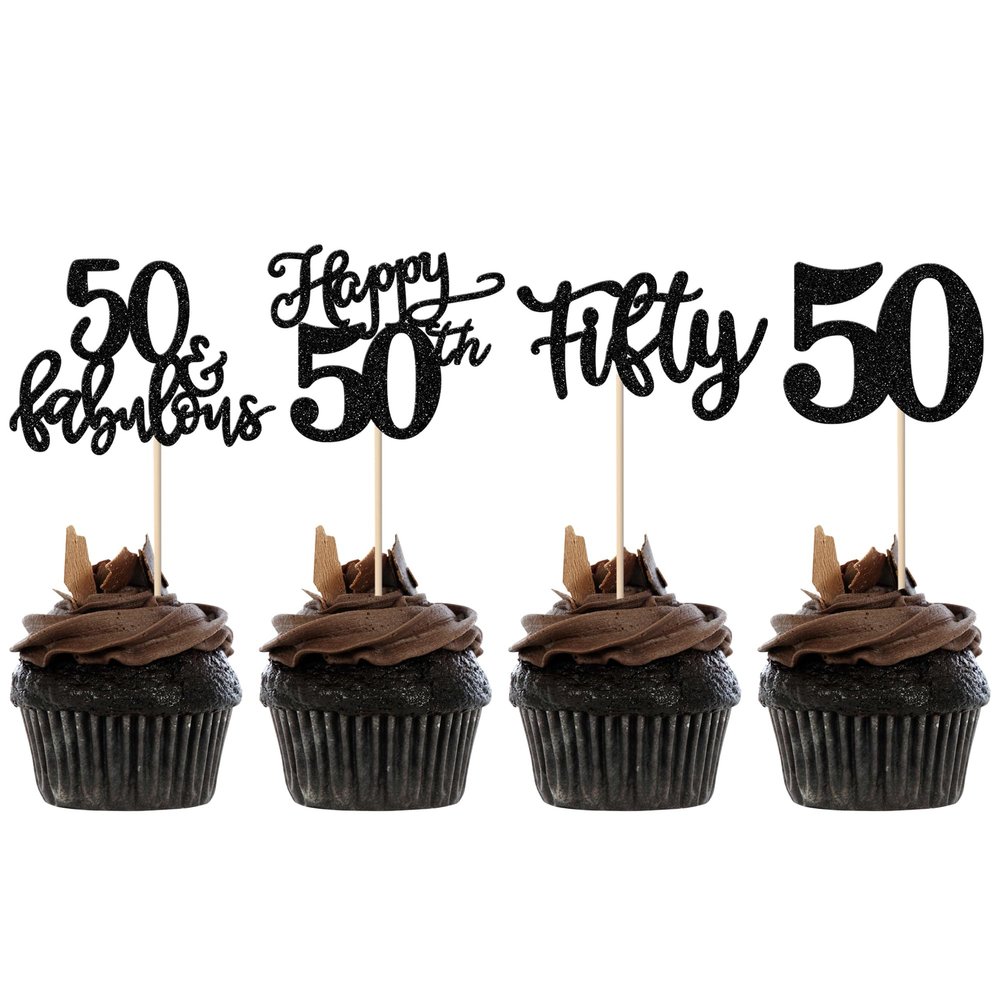 Rsstarxi 24 Pack Glitter 50th Birthday Cupcake Toppers Fifty 50 Fabulous Cupcake Picks Decorations for Happy 50th Birthday Wedding Anniversary Party Cake Decorations Black