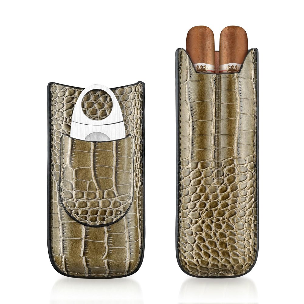 cgaplus 2-Finger Cigar Case with Cutter Crocodile Pattern Leather Cigar Humidor Case Portable Travel Cigar Case for Men(Taupe)