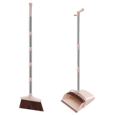ESYEM Broom and Dustpan Set for Home Indoor Broom with Dustpan Combo Set Upright Dust Pans with Long Handle Garden Pet Hair Lobby Wood Floor Sweeping Kitchen,Cream