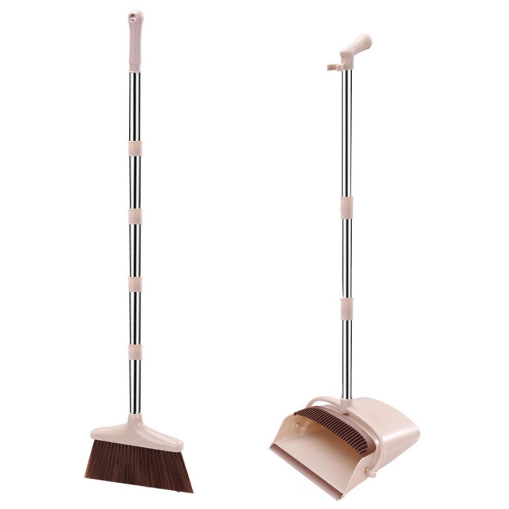 ESYEM Broom and Dustpan Set for Home Indoor Broom with Dustpan Combo Set Upright Dust Pans with Long Handle Garden Pet Hair Lobby Wood Floor Sweeping Kitchen,Cream