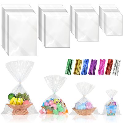 Boao 4 Sizes 200 Pieces Clear Plastic Cellophane Bags Cello Treat Bags with Mix Colors Twist Ties for Christmas Birthday Holiday (12 x 16 In, 14 x 20 In, 16 x 24 In, 18 x 30 in)