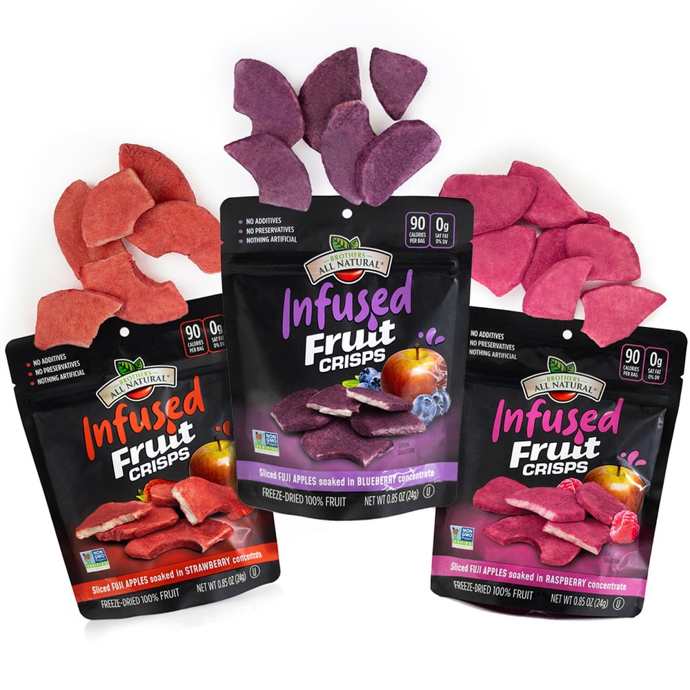 Brothers All Natural Infused Freeze Dried Fruit Crisps, Variety Pack, 0.85 Oz (Pack of 6), Fuji Apple Infused with Blueberry, Raspberry & Strawberry, Made with 100% Fruit, Gluten Free, Soy Free, Vegan, Healthy Snack, Resealable Pouch