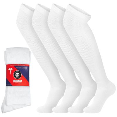 4 Pairs of Over the Knee Non-Binding Cotton Diabetic Neuropathy Socks, White, Size 9-11
