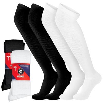 4 Pairs of Over the Knee Non-Binding Cotton Diabetic Neuropathy Socks, Black and White - Size 9-11